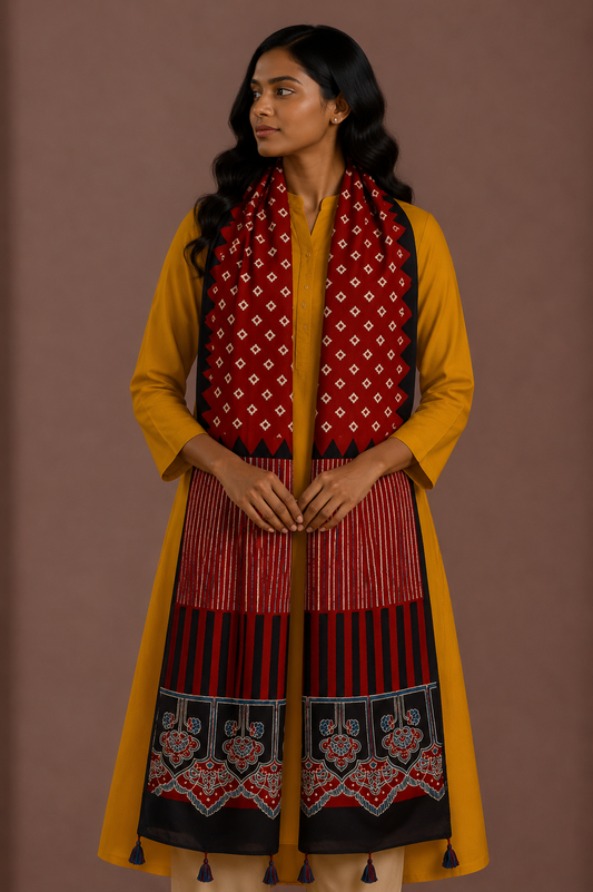 Ajrakh Modal Silk Natural Dye Hand Block Print Stole With Tassels - 2 Mtr Length    -  SKU : AI2690AH