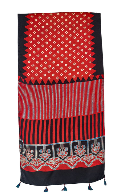 Ajrakh Modal Silk Natural Dye Hand Block Print Stole With Tassels - 2 Mtr Length    -  SKU : AI2690AH