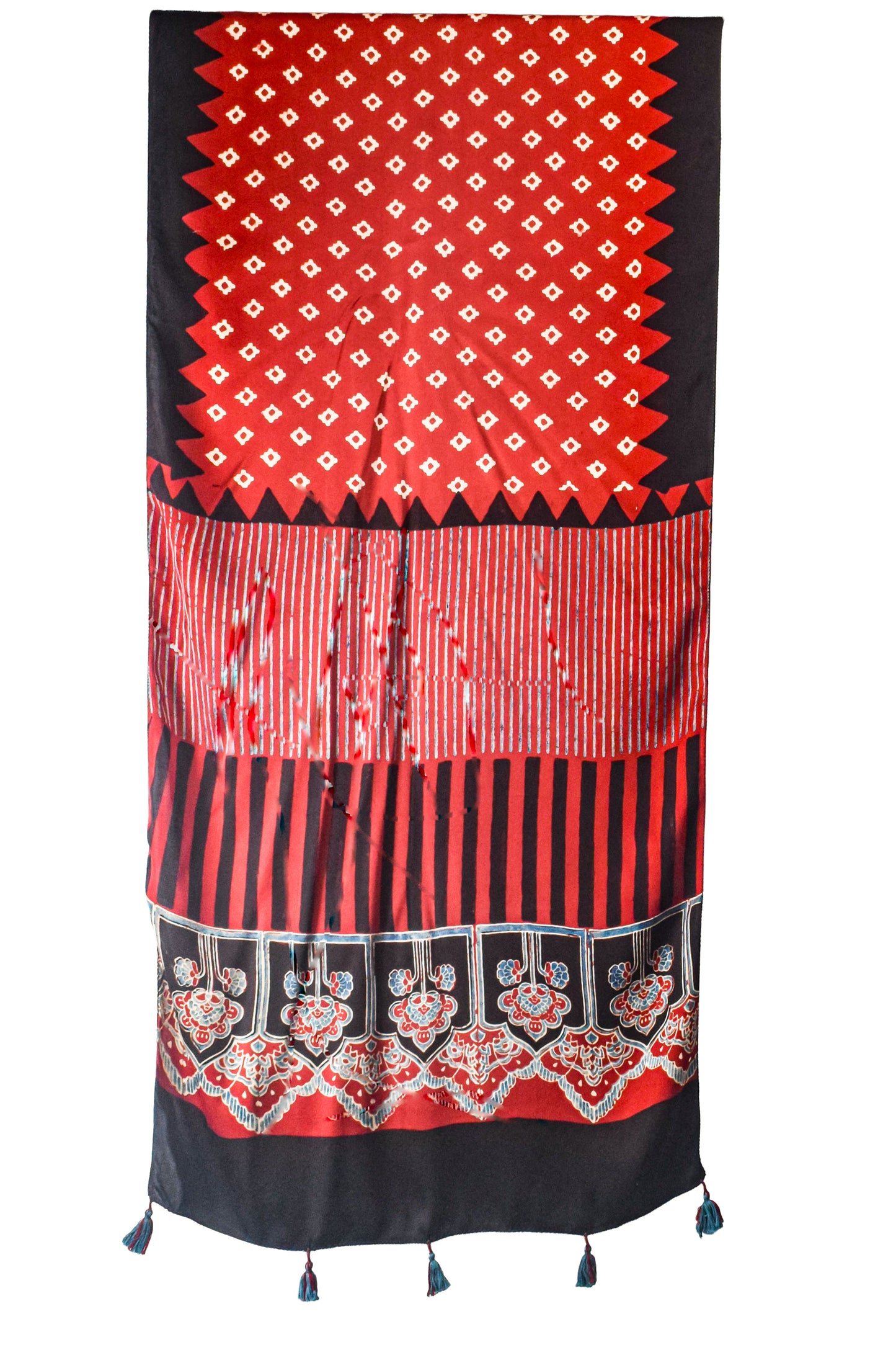 Ajrakh Modal Silk Natural Dye Hand Block Print Stole With Tassels - 2 Mtr Length    -  SKU : AI2690AH
