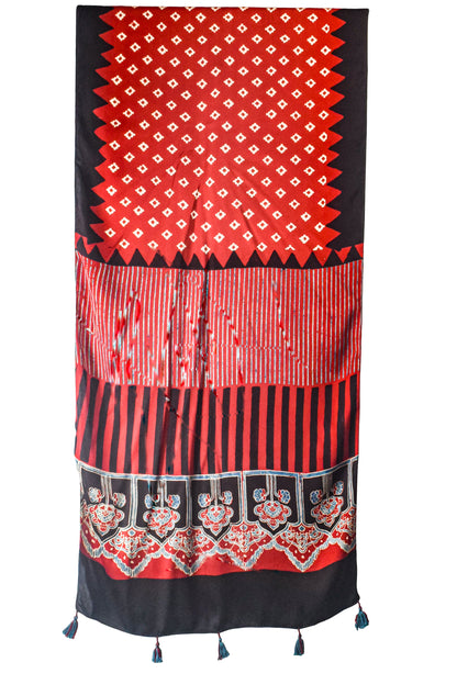 Ajrakh Modal Silk Natural Dye Hand Block Print Stole With Tassels - 2 Mtr Length    -  SKU : AI2690AH