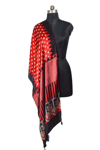 Ajrakh Modal Silk Natural Dye Hand Block Print Stole With Tassels - 2 Mtr Length    -  SKU : AI2690AH