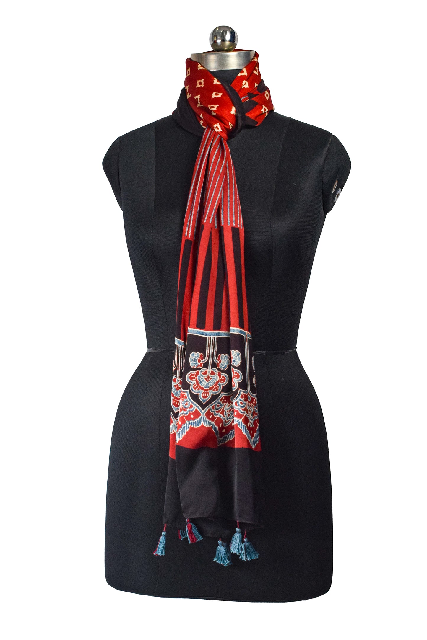 Ajrakh Modal Silk Natural Dye Hand Block Print Stole With Tassels - 2 Mtr Length    -  SKU : AI2690AH