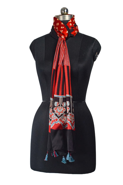 Ajrakh Modal Silk Natural Dye Hand Block Print Stole With Tassels - 2 Mtr Length    -  SKU : AI2690AH