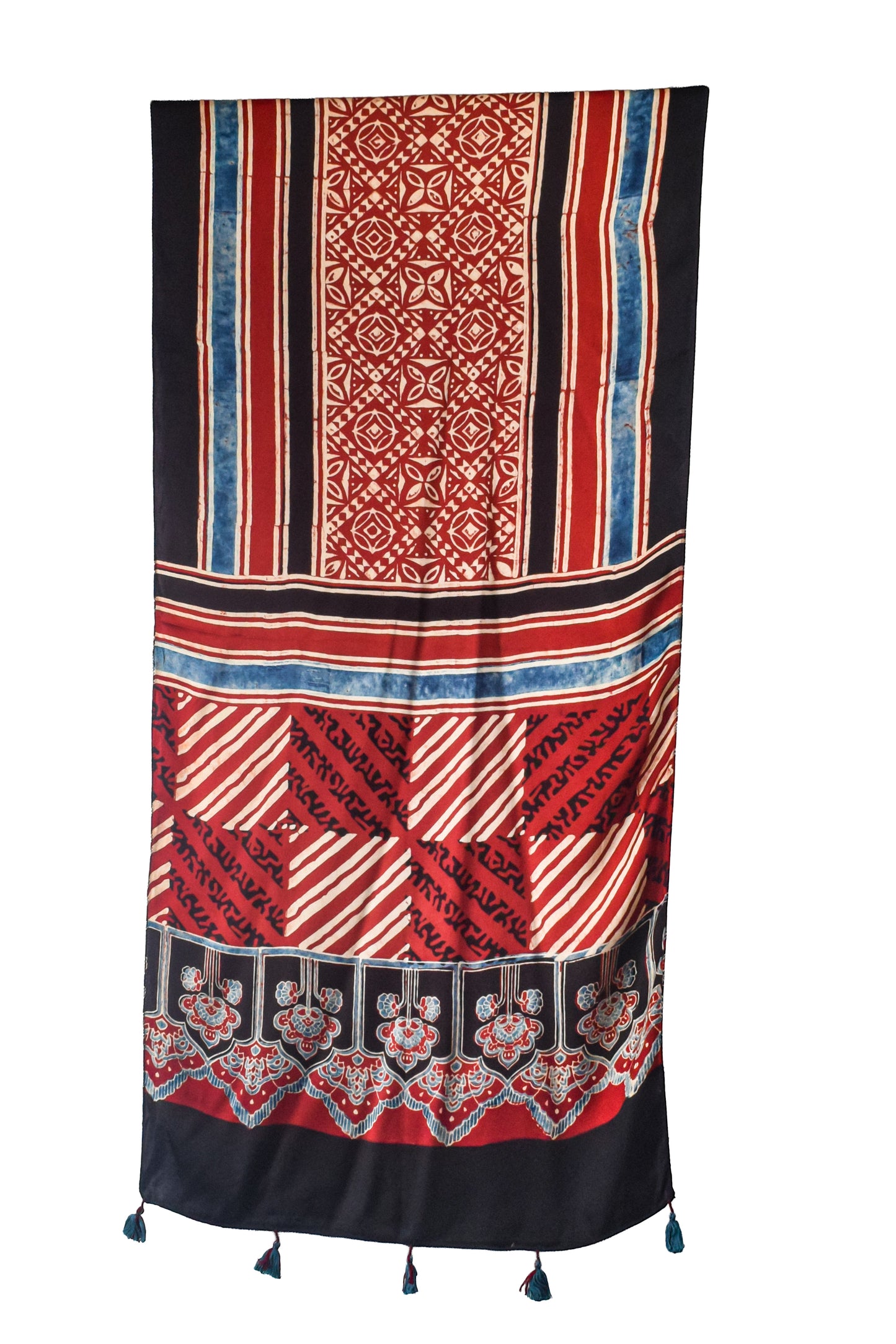 Ajrakh Modal Silk Natural Dye Hand Block Print Stole With Tassels - 2 Mtr Length    -  SKU : AI2690AI
