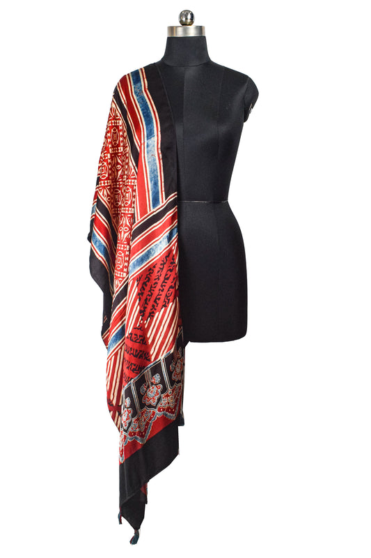 Ajrakh Modal Silk Natural Dye Hand Block Print Stole With Tassels - 2 Mtr Length    -  SKU : AI2690AI