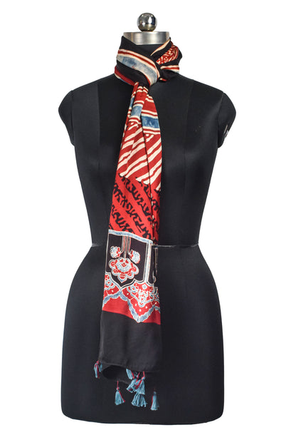 Ajrakh Modal Silk Natural Dye Hand Block Print Stole With Tassels - 2 Mtr Length    -  SKU : AI2690AI