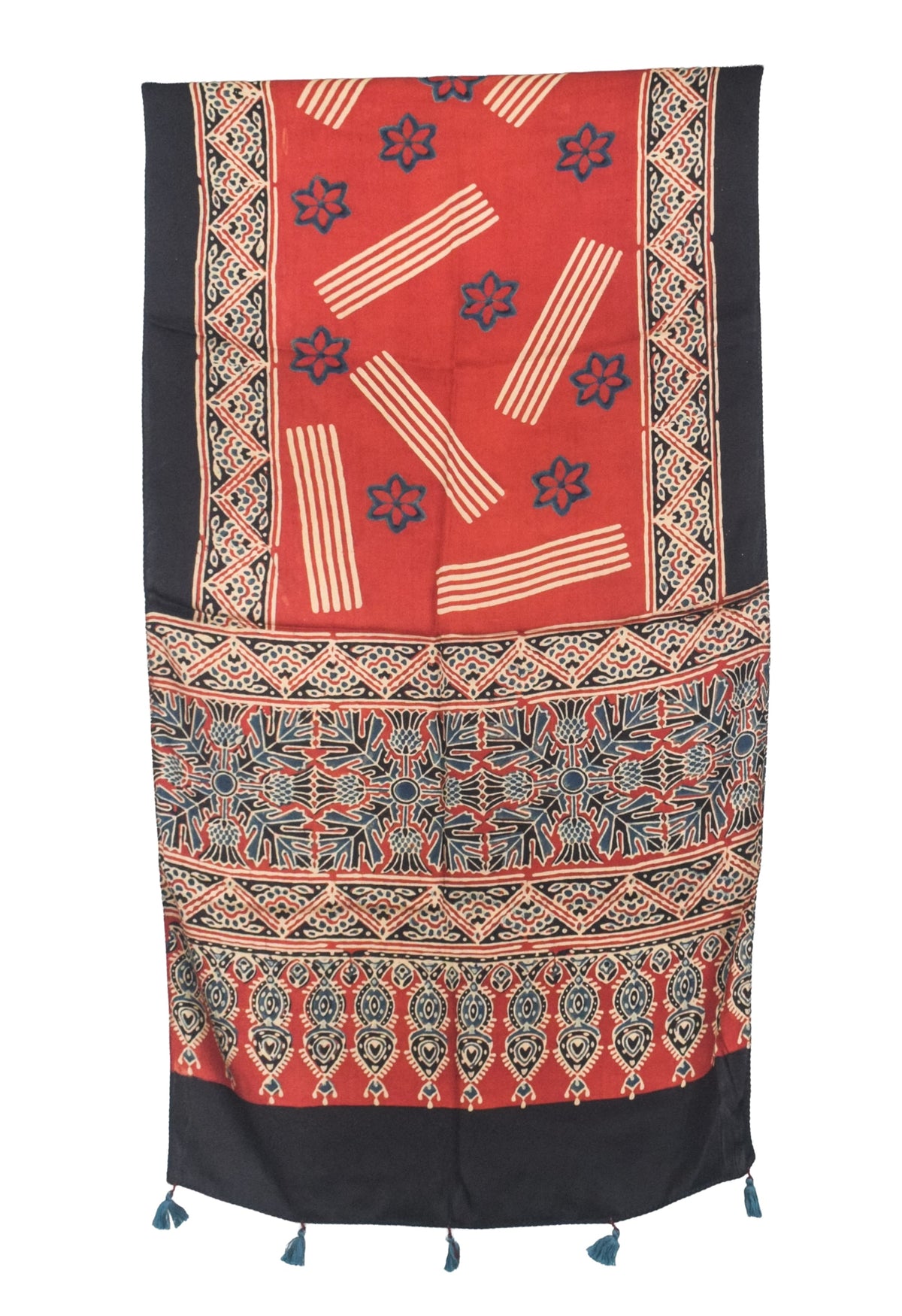 Ajrakh Modal Silk Natural Dye Hand Block Print Stole With Tassels - 2 Mtr Length   -  SKU : AI2783AO