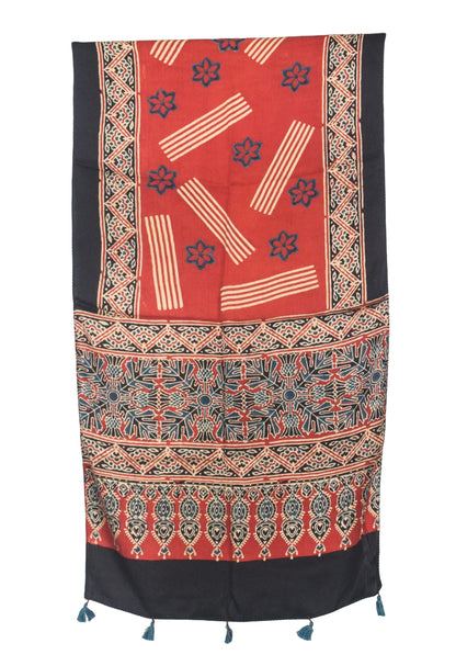 Ajrakh Modal Silk Natural Dye Hand Block Print Stole With Tassels - 2 Mtr Length   -  SKU : AI2783AO