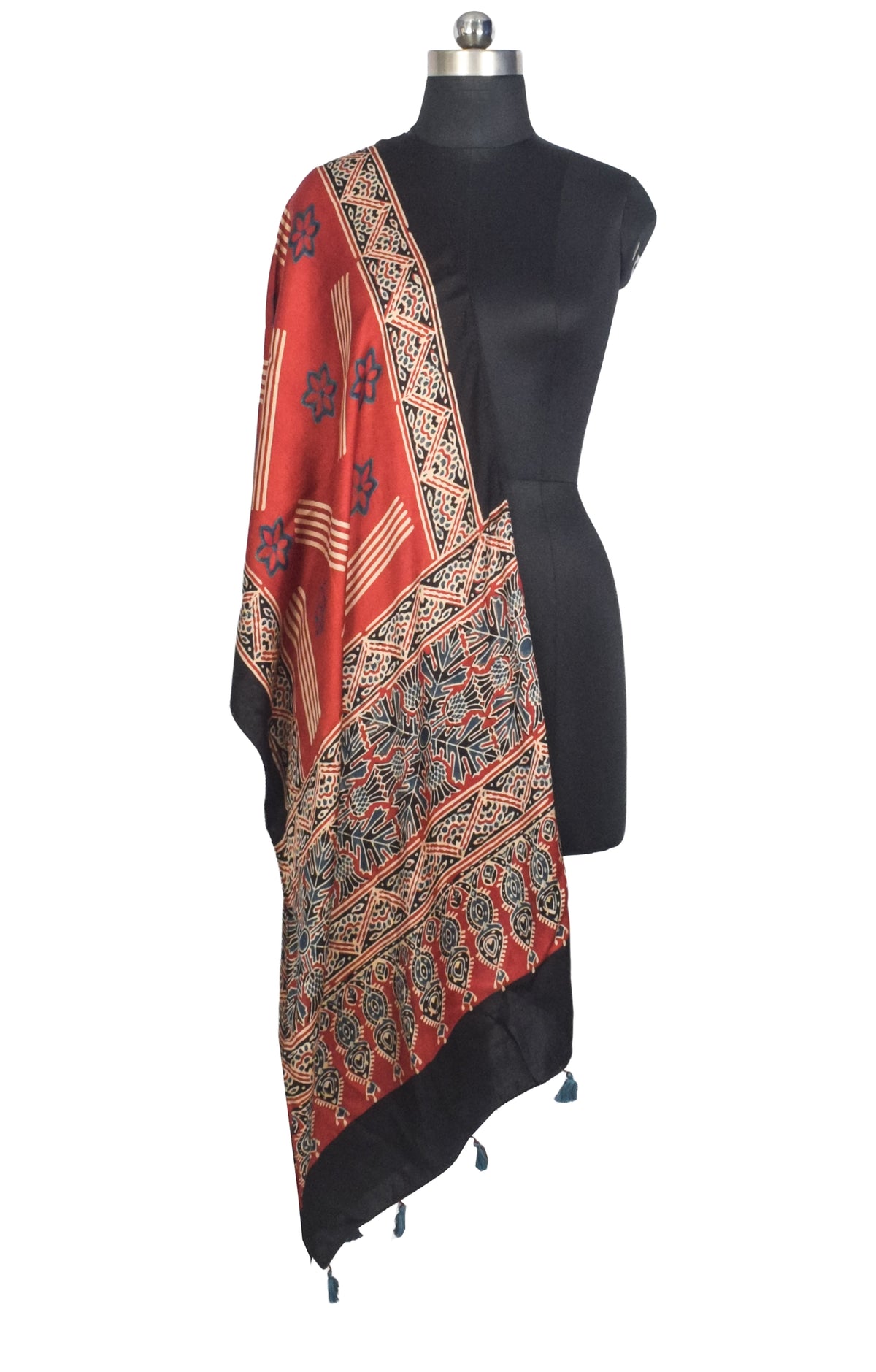 Ajrakh Modal Silk Natural Dye Hand Block Print Stole With Tassels - 2 Mtr Length   -  SKU : AI2783AO