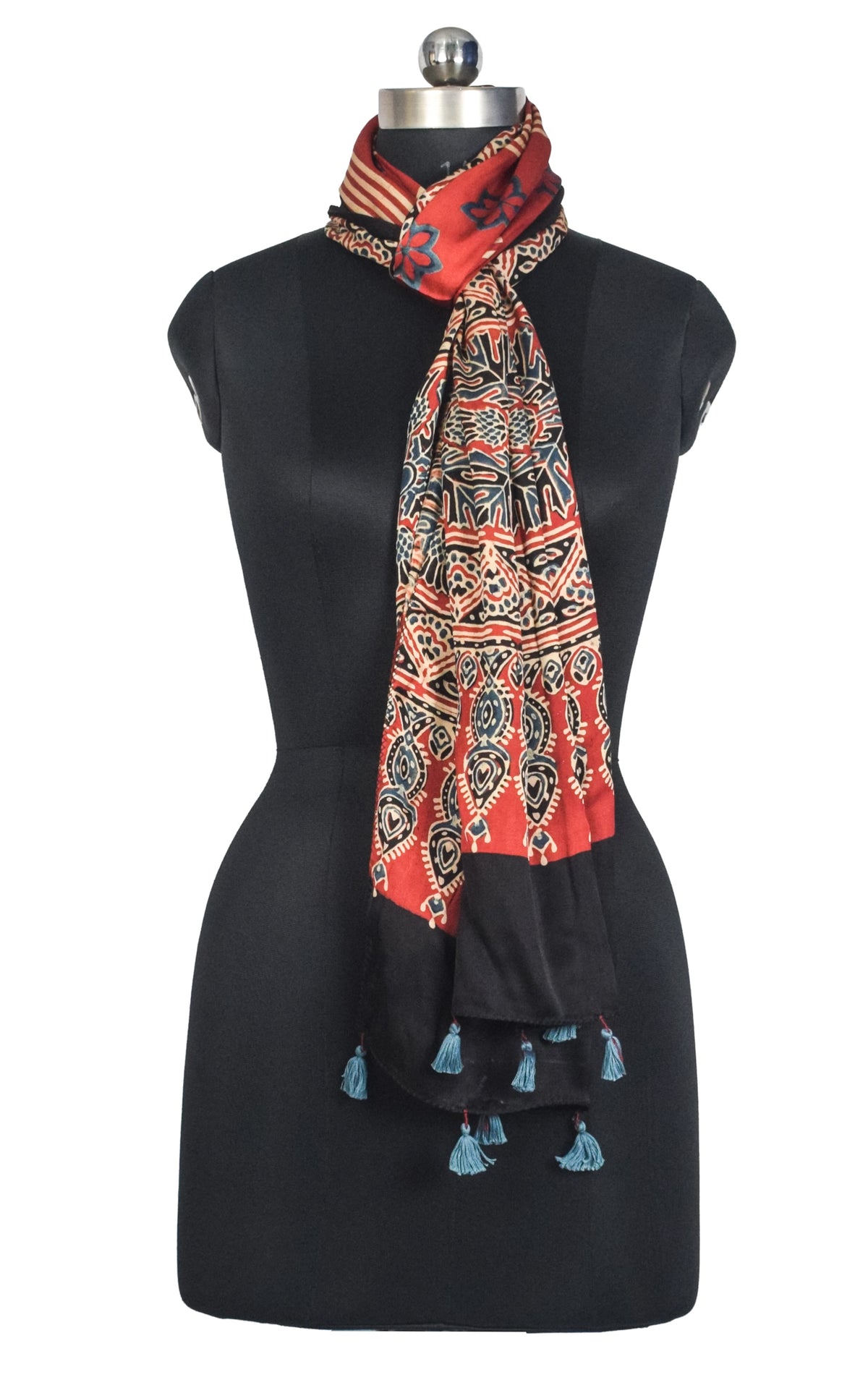 Ajrakh Modal Silk Natural Dye Hand Block Print Stole With Tassels - 2 Mtr Length   -  SKU : AI2783AO