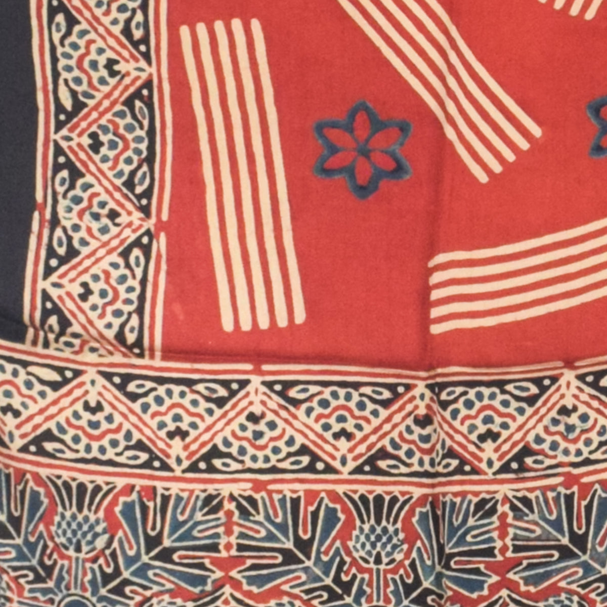 Ajrakh Modal Silk Natural Dye Hand Block Print Stole With Tassels - 2 Mtr Length   -  SKU : AI2783AO