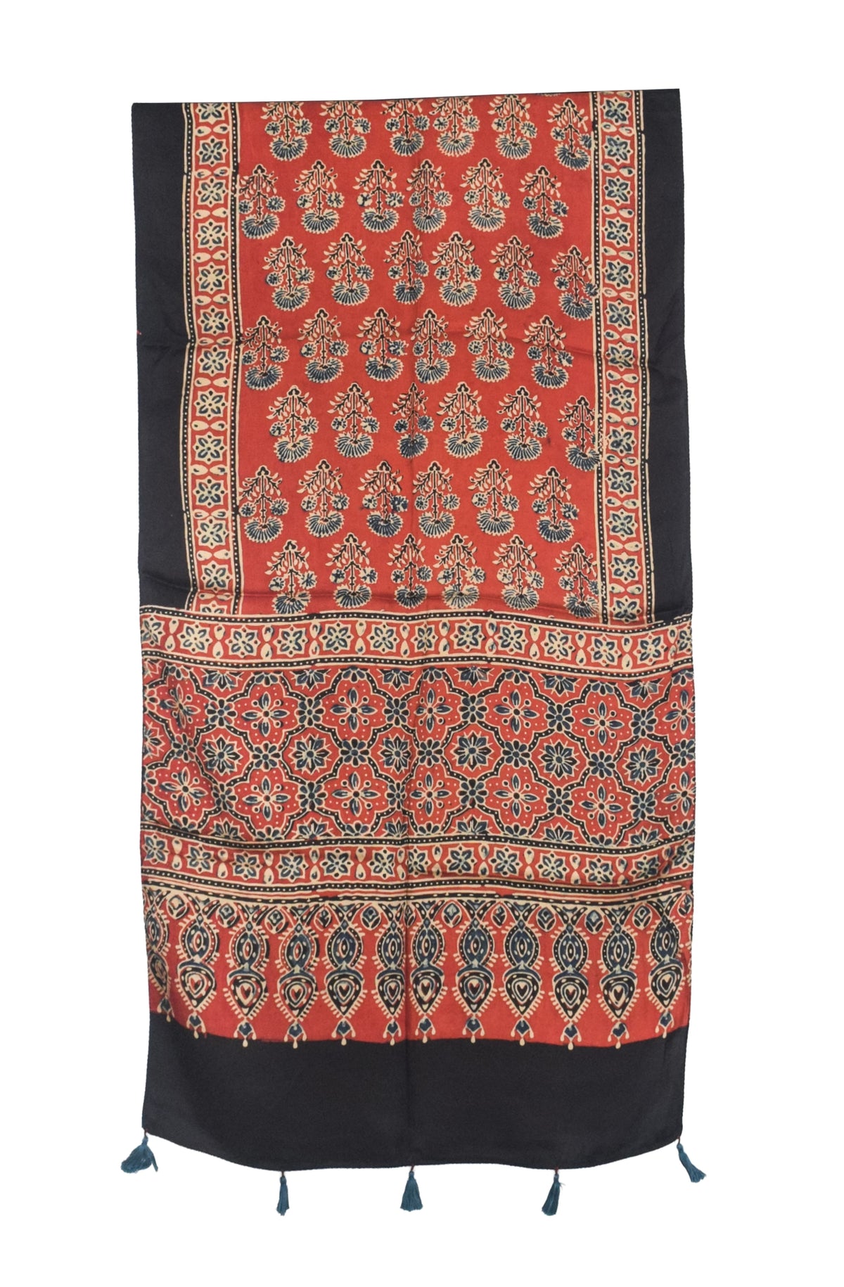 Ajrakh Modal Silk Natural Dye Hand Block Print Stole With Tassels - 2 Mtr Length   -  SKU : AI2783AP