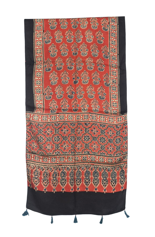 Ajrakh Modal Silk Natural Dye Hand Block Print Stole With Tassels - 2 Mtr Length   -  SKU : AI2783AP
