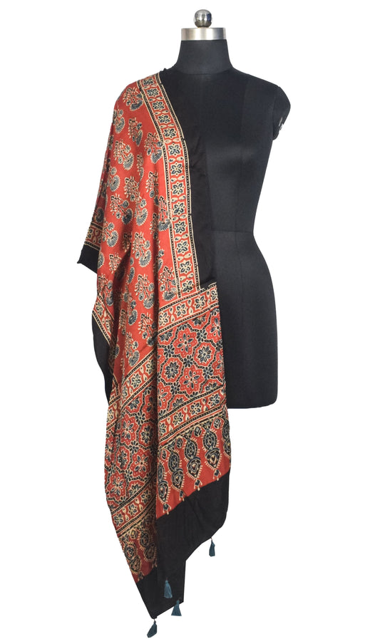 Ajrakh Modal Silk Natural Dye Hand Block Print Stole With Tassels - 2 Mtr Length   -  SKU : AI2783AP