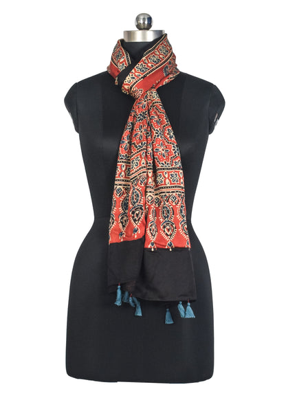 Ajrakh Modal Silk Natural Dye Hand Block Print Stole With Tassels - 2 Mtr Length   -  SKU : AI2783AP