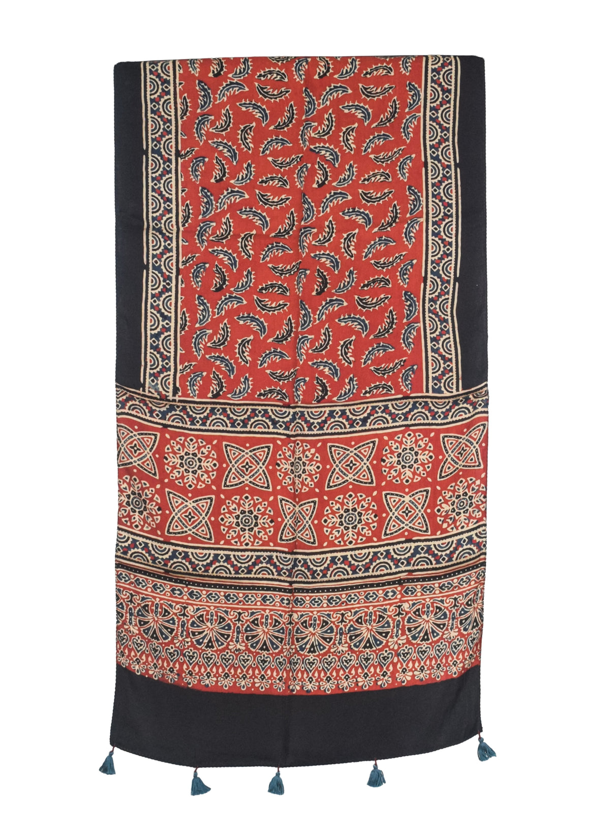 Ajrakh Modal Silk Natural Dye Hand Block Print Stole With Tassels - 2 Mtr Length   -  SKU : AI2783AQ