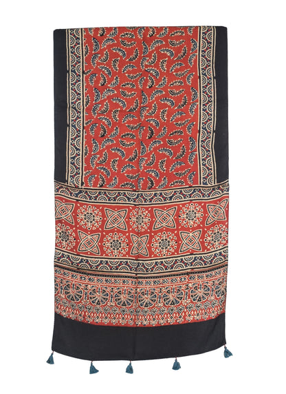 Ajrakh Modal Silk Natural Dye Hand Block Print Stole With Tassels - 2 Mtr Length   -  SKU : AI2783AQ