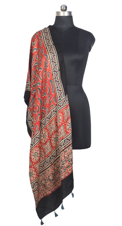 Ajrakh Modal Silk Natural Dye Hand Block Print Stole With Tassels - 2 Mtr Length   -  SKU : AI2783AQ