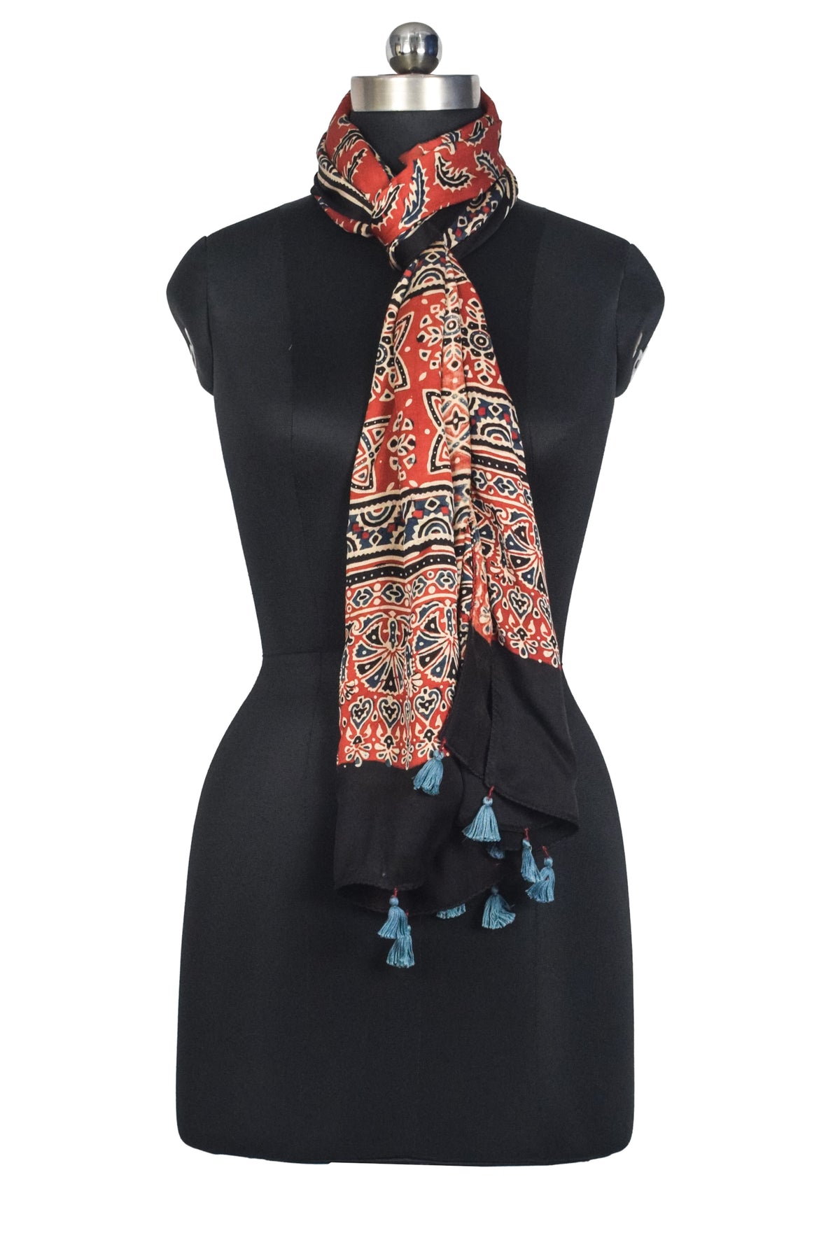 Ajrakh Modal Silk Natural Dye Hand Block Print Stole With Tassels - 2 Mtr Length   -  SKU : AI2783AQ