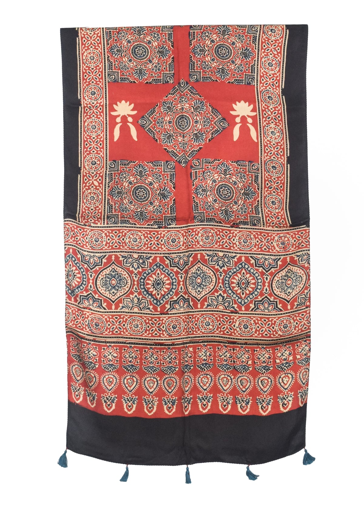 Ajrakh Modal Silk Natural Dye Hand Block Print Stole With Tassels - 2 Mtr Length   -  SKU : AI2783AR