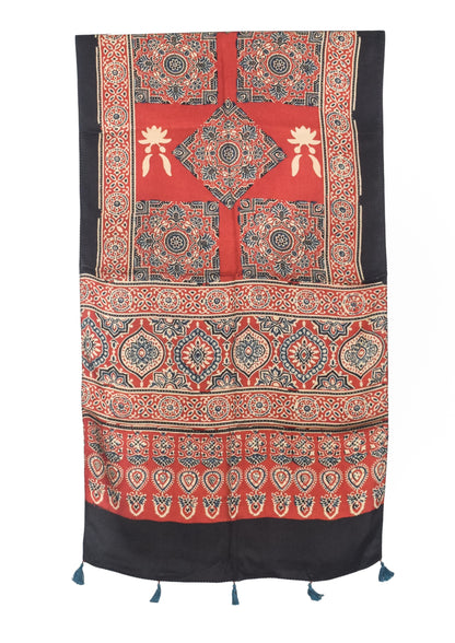 Ajrakh Modal Silk Natural Dye Hand Block Print Stole With Tassels - 2 Mtr Length   -  SKU : AI2783AR