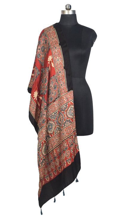 Ajrakh Modal Silk Natural Dye Hand Block Print Stole With Tassels - 2 Mtr Length   -  SKU : AI2783AR