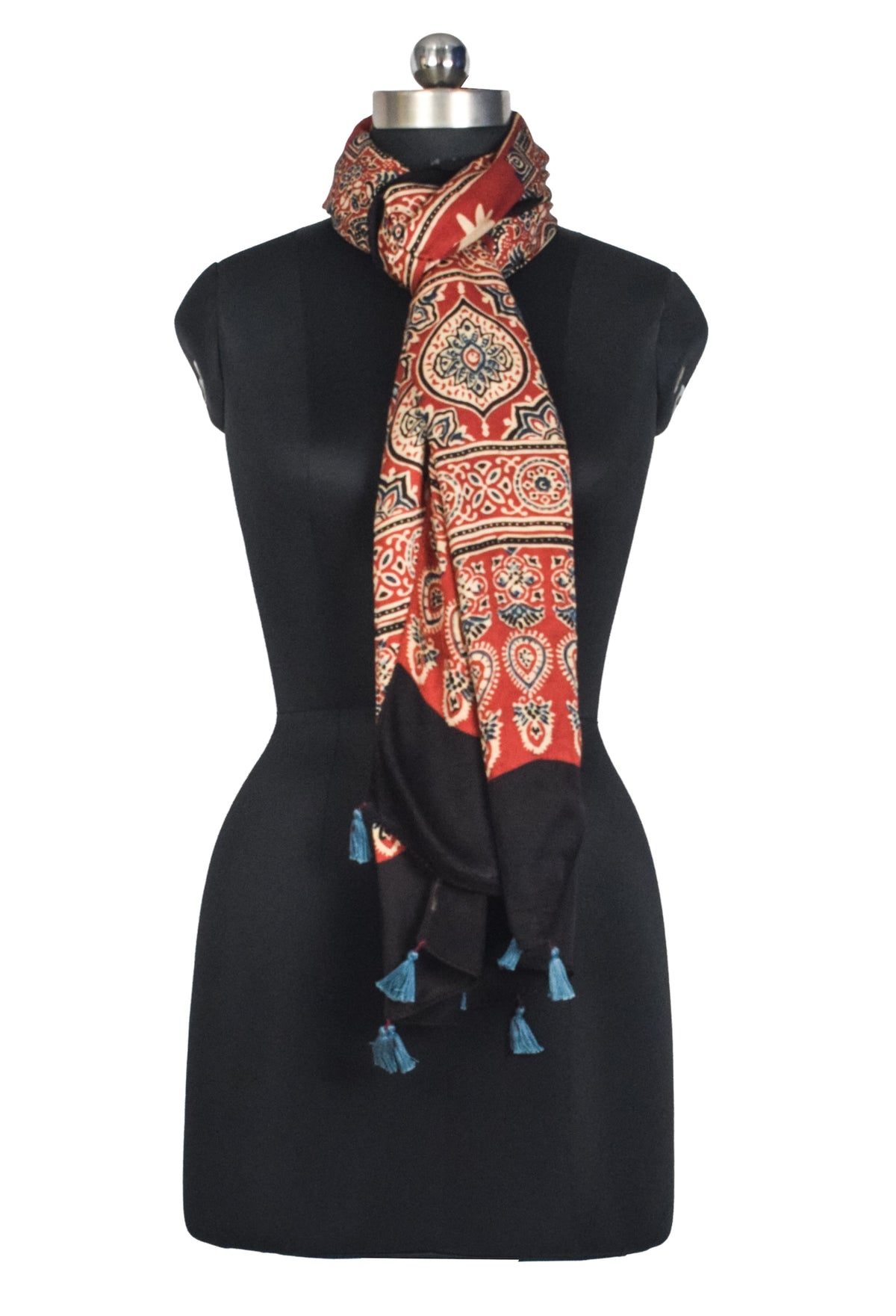 Ajrakh Modal Silk Natural Dye Hand Block Print Stole With Tassels - 2 Mtr Length   -  SKU : AI2783AR