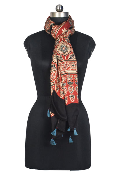 Ajrakh Modal Silk Natural Dye Hand Block Print Stole With Tassels - 2 Mtr Length   -  SKU : AI2783AR