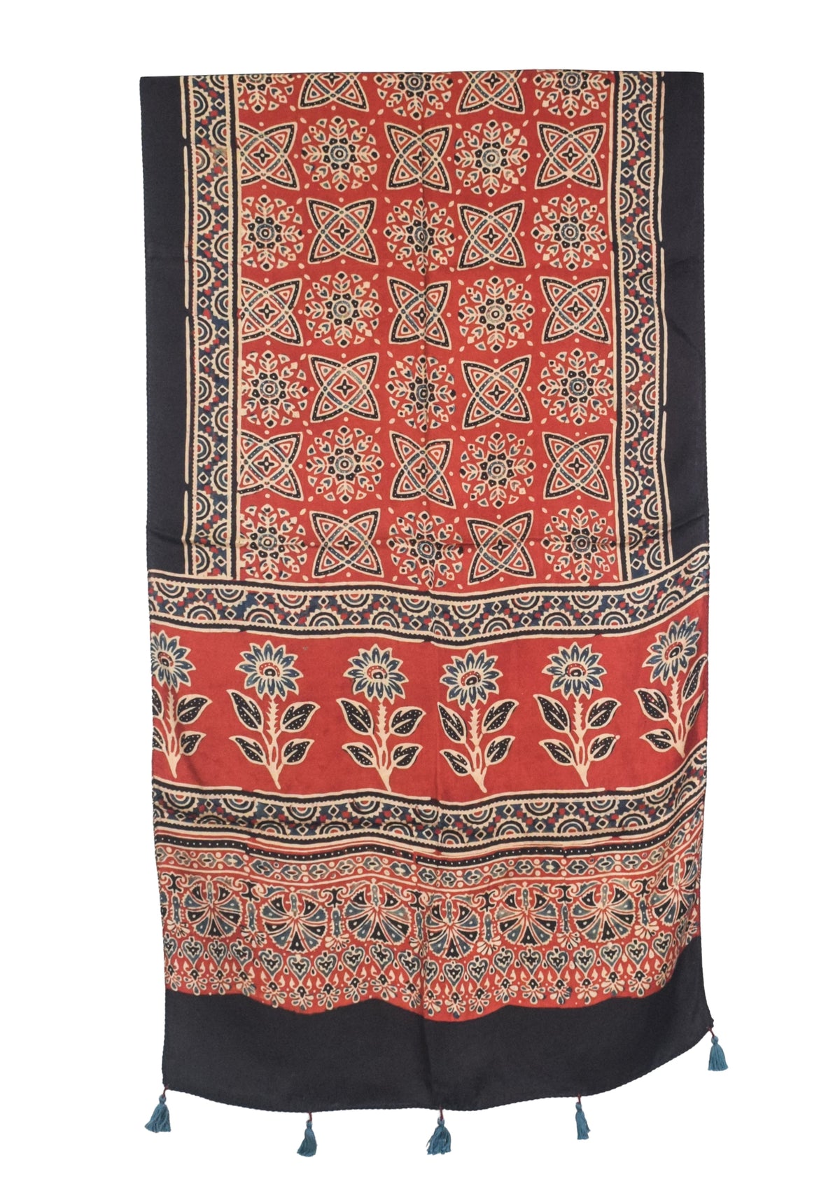 Ajrakh Modal Silk Natural Dye Hand Block Print Stole With Tassels - 2 Mtr Length   -  SKU : AI2783AS