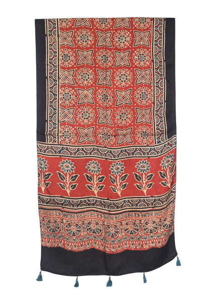 Ajrakh Modal Silk Natural Dye Hand Block Print Stole With Tassels - 2 Mtr Length   -  SKU : AI2783AS