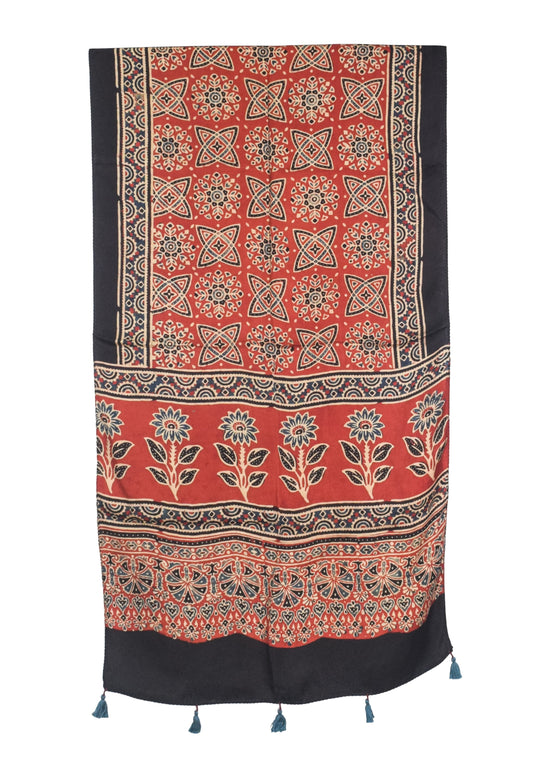 Ajrakh Modal Silk Natural Dye Hand Block Print Stole With Tassels - 2 Mtr Length   -  SKU : AI2783AS