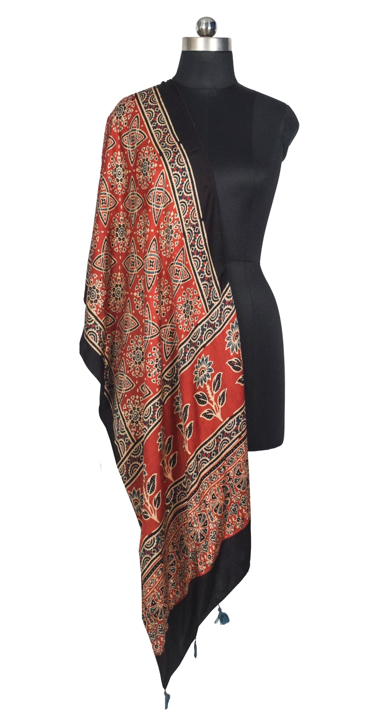 Ajrakh Modal Silk Natural Dye Hand Block Print Stole With Tassels - 2 Mtr Length   -  SKU : AI2783AS