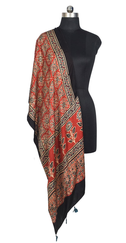 Ajrakh Modal Silk Natural Dye Hand Block Print Stole With Tassels - 2 Mtr Length   -  SKU : AI2783AS
