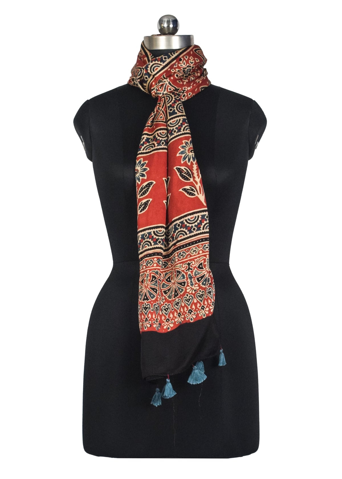 Ajrakh Modal Silk Natural Dye Hand Block Print Stole With Tassels - 2 Mtr Length   -  SKU : AI2783AS