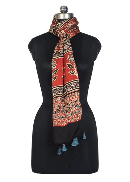 Ajrakh Modal Silk Natural Dye Hand Block Print Stole With Tassels - 2 Mtr Length   -  SKU : AI2783AS