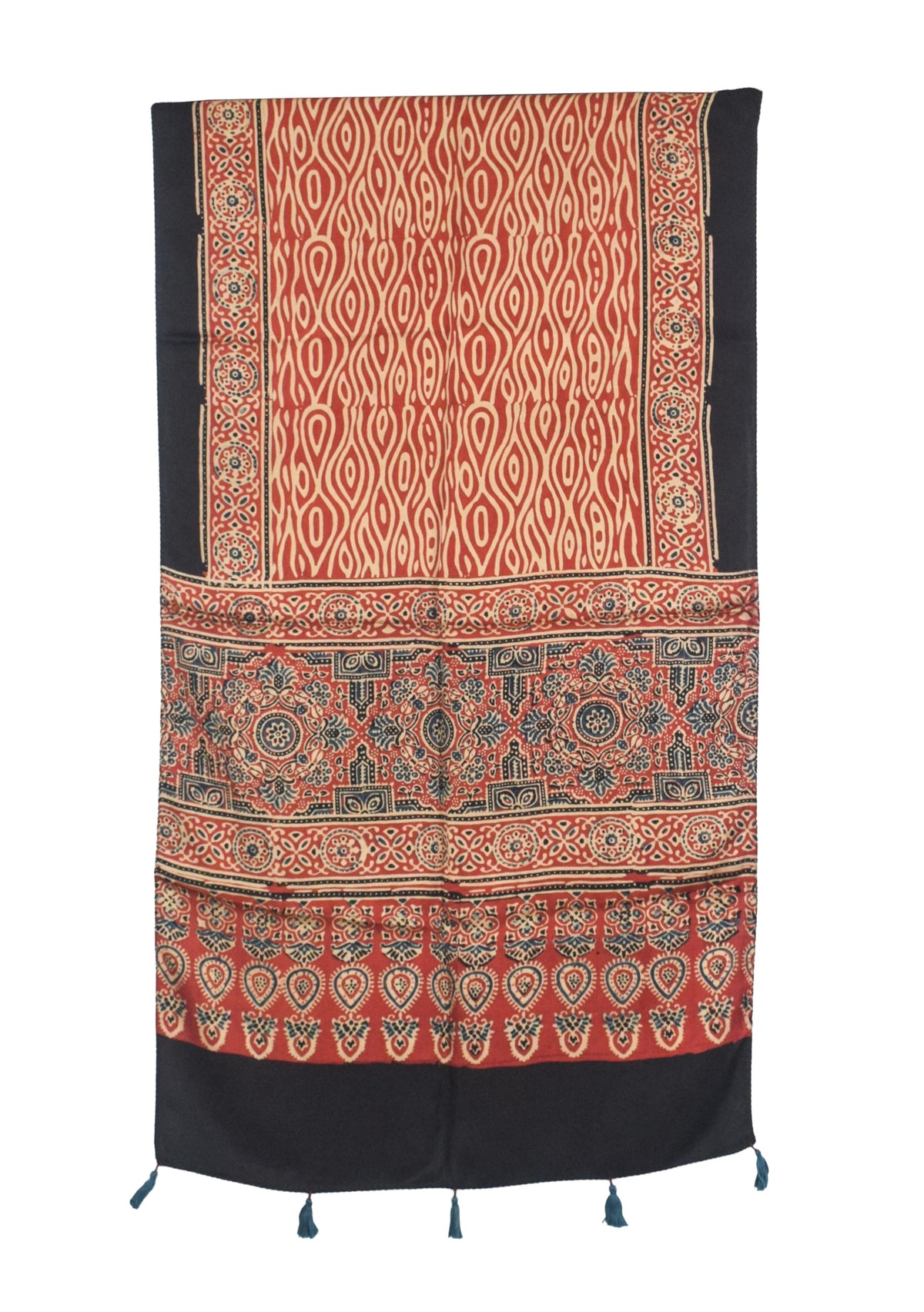 Ajrakh Modal Silk Natural Dye Hand Block Print Stole With Tassels - 2 Mtr Length   -  SKU : AI2783AT