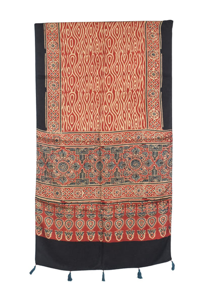 Ajrakh Modal Silk Natural Dye Hand Block Print Stole With Tassels - 2 Mtr Length   -  SKU : AI2783AT