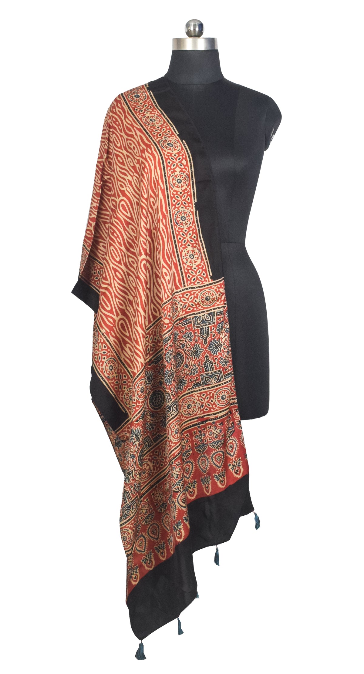 Ajrakh Modal Silk Natural Dye Hand Block Print Stole With Tassels - 2 Mtr Length   -  SKU : AI2783AT