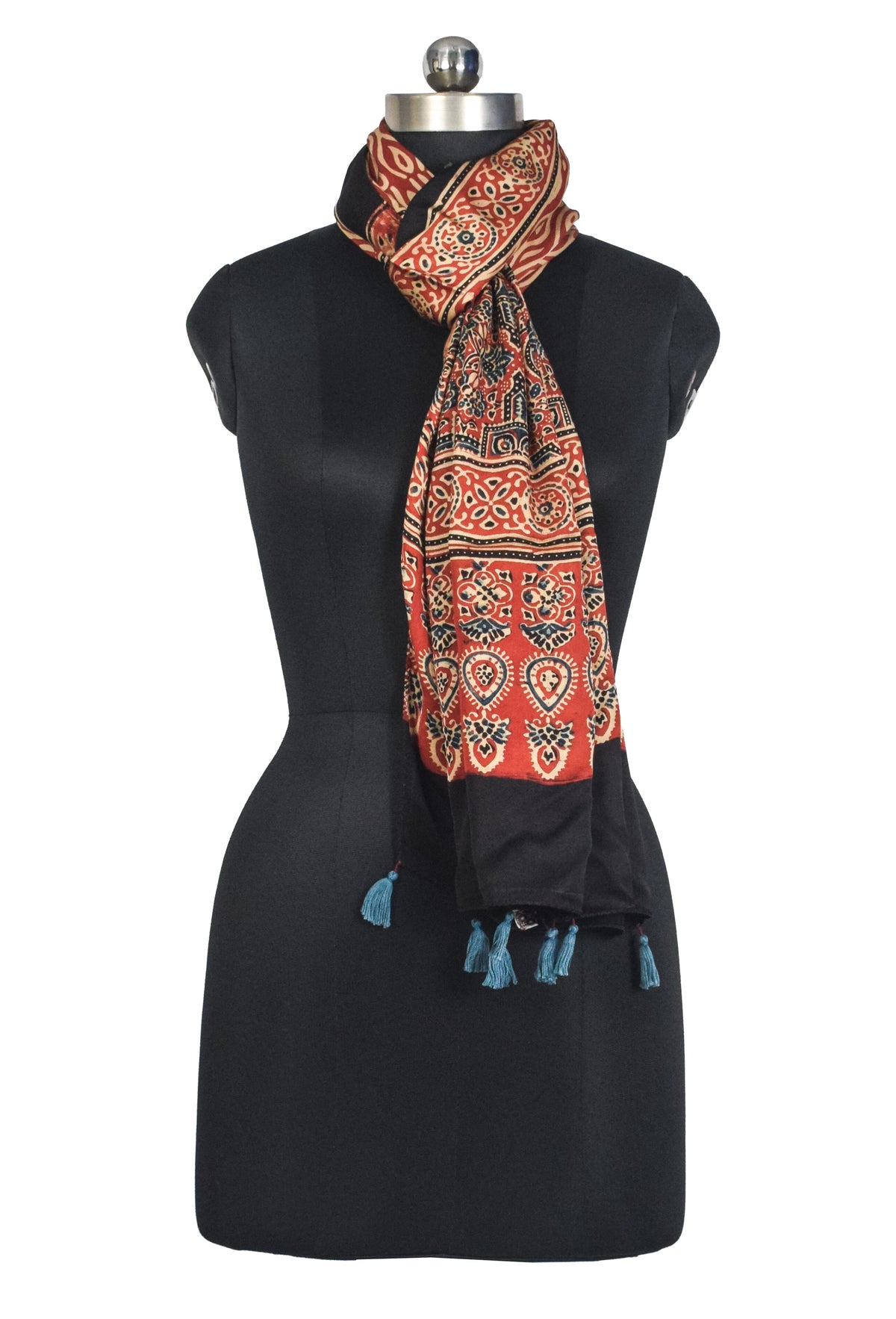 Ajrakh Modal Silk Natural Dye Hand Block Print Stole With Tassels - 2 Mtr Length   -  SKU : AI2783AT