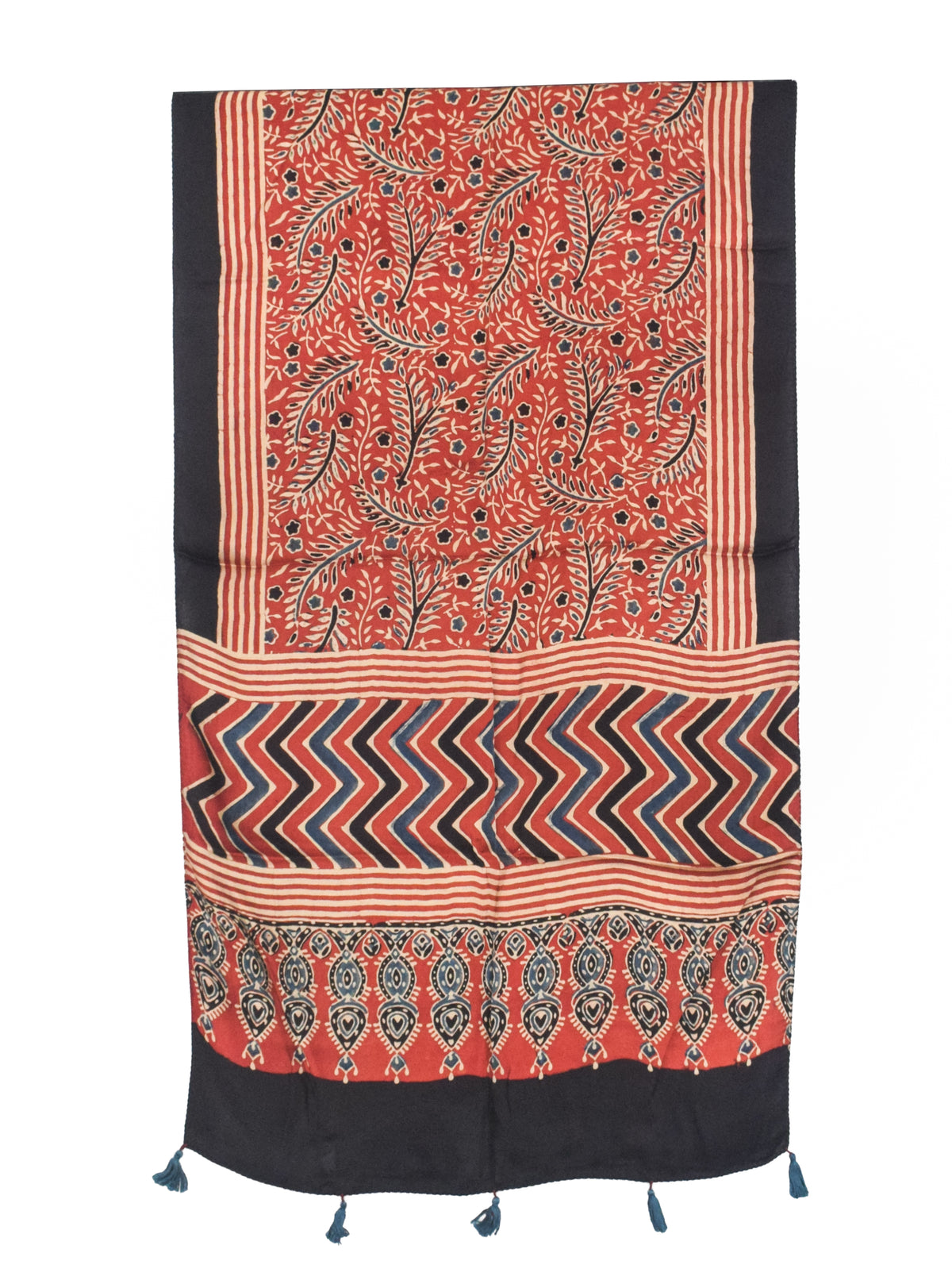 Ajrakh Modal Silk Natural Dye Hand Block Print Stole With Tassels - 2 Mtr Length   -  SKU : AI2783AV
