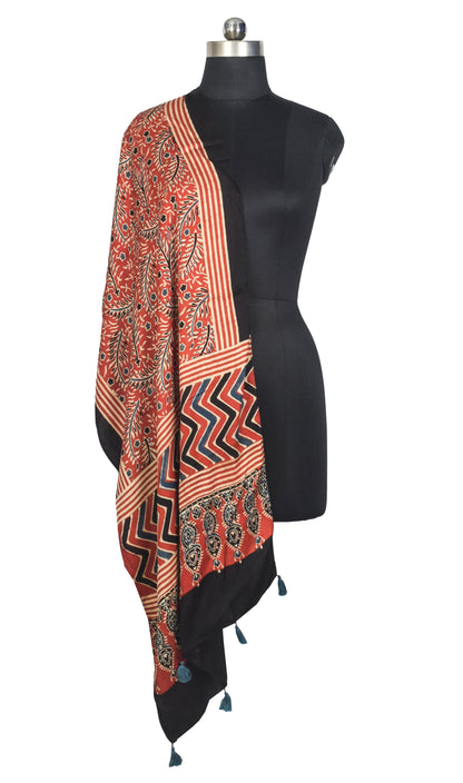 Ajrakh Modal Silk Natural Dye Hand Block Print Stole With Tassels - 2 Mtr Length   -  SKU : AI2783AV