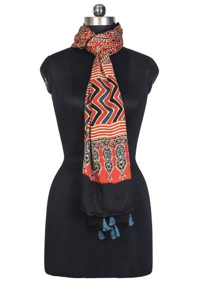 Ajrakh Modal Silk Natural Dye Hand Block Print Stole With Tassels - 2 Mtr Length   -  SKU : AI2783AV