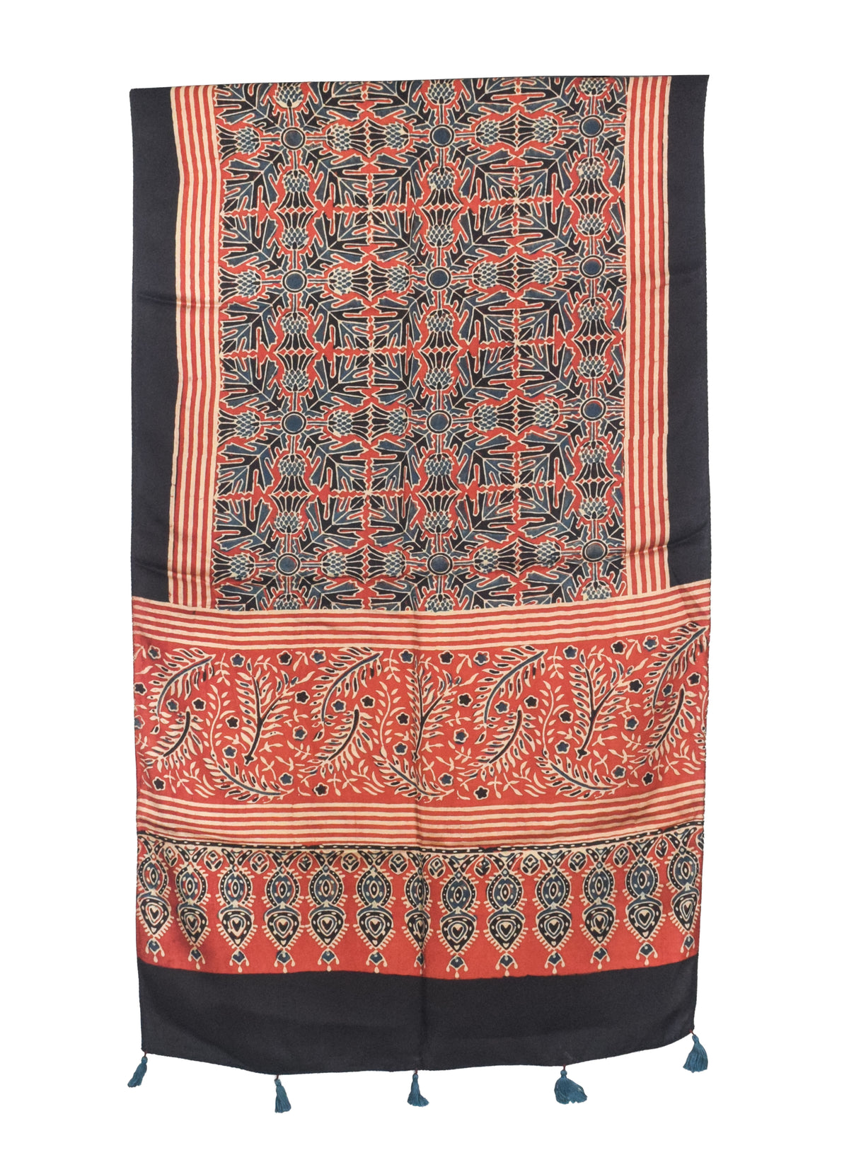 Ajrakh Modal Silk Natural Dye Hand Block Print Stole With Tassels - 2 Mtr Length   -  SKU : AI2783AW