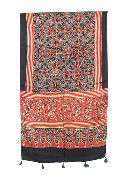 Ajrakh Modal Silk Natural Dye Hand Block Print Stole With Tassels - 2 Mtr Length   -  SKU : AI2783AW