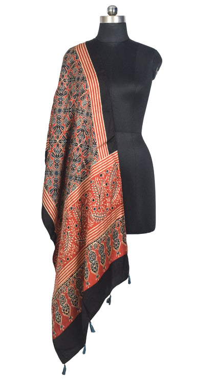 Ajrakh Modal Silk Natural Dye Hand Block Print Stole With Tassels - 2 Mtr Length   -  SKU : AI2783AW