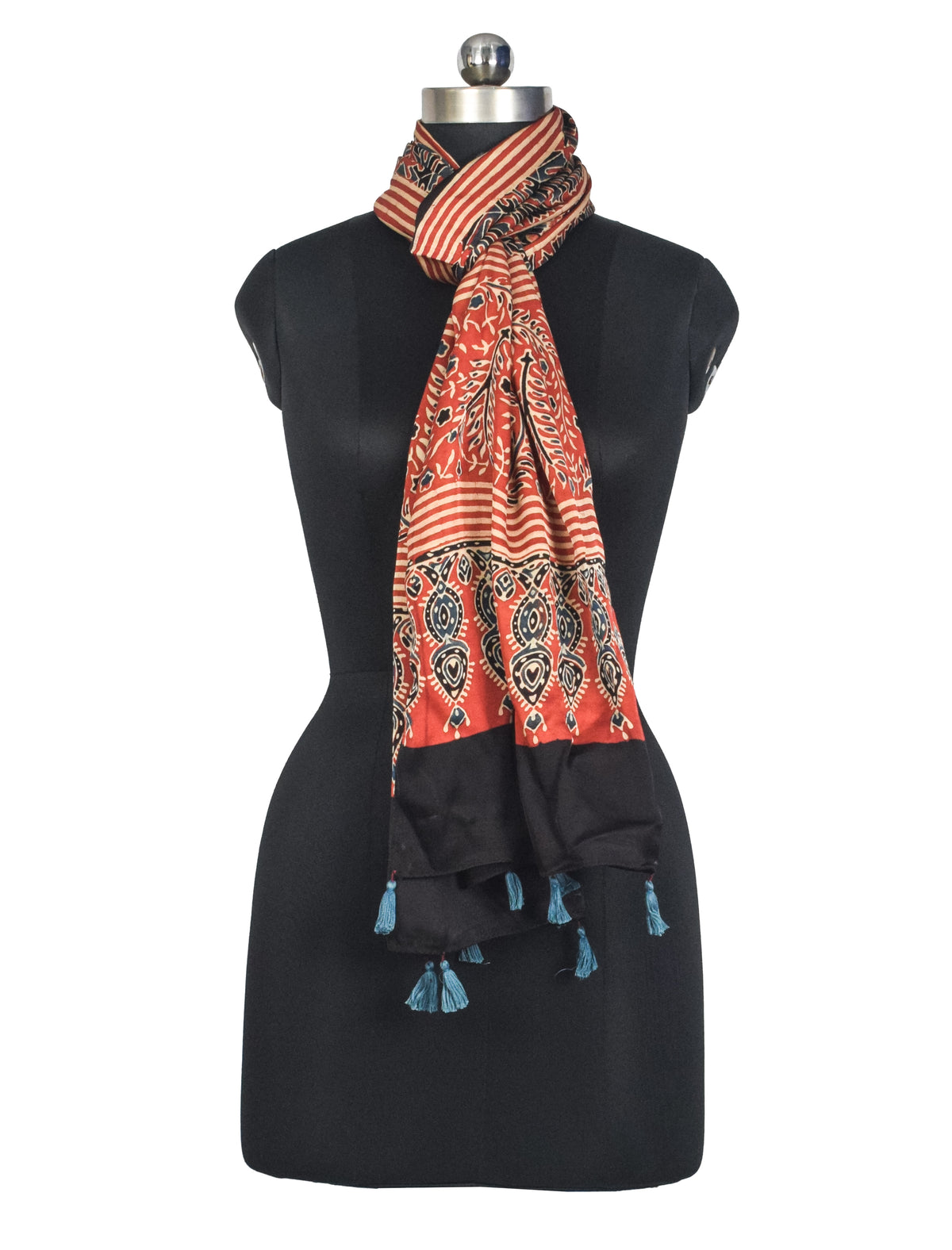 Ajrakh Modal Silk Natural Dye Hand Block Print Stole With Tassels - 2 Mtr Length   -  SKU : AI2783AW