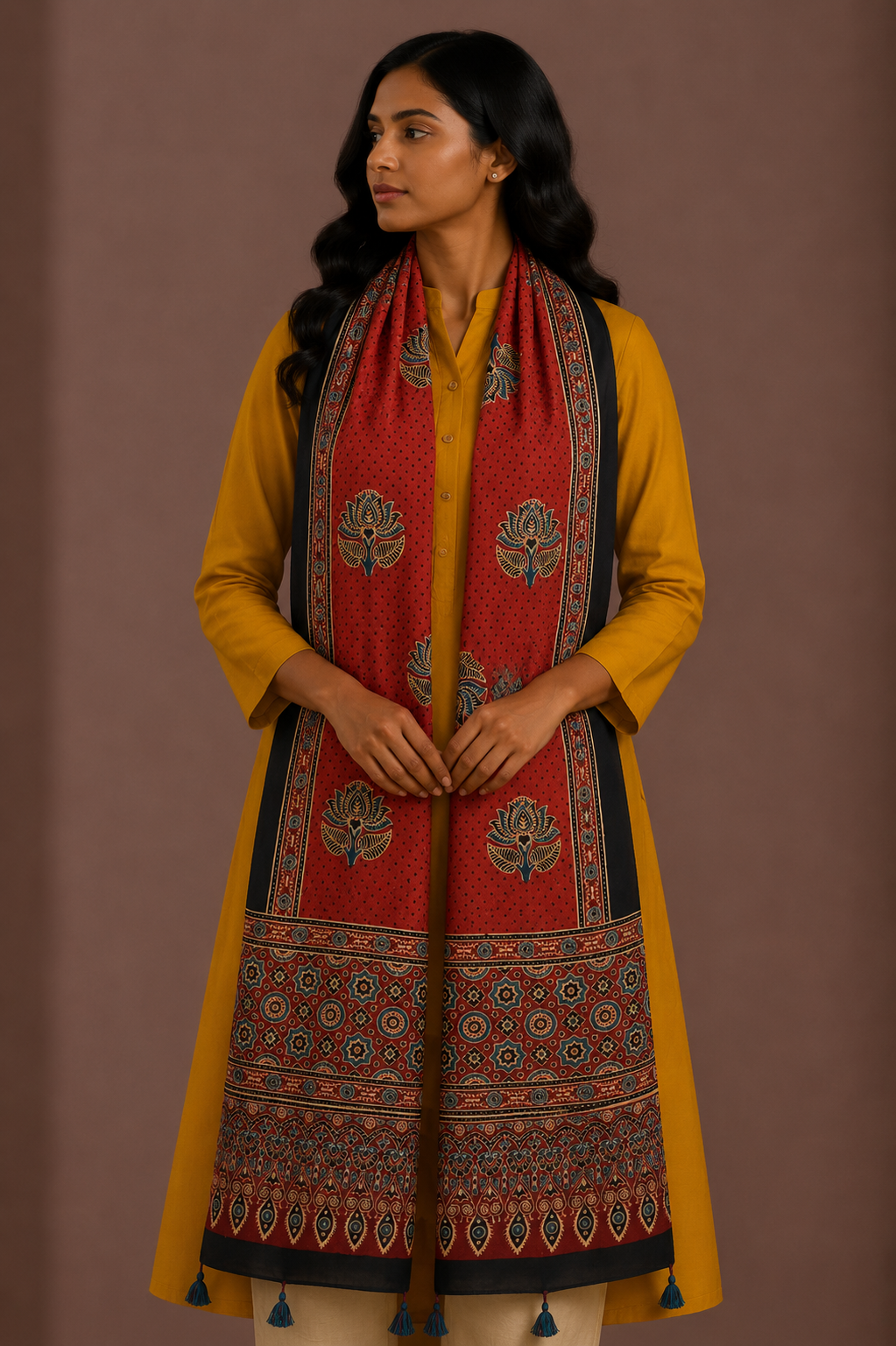 Ajrakh Modal Silk Natural Dye Hand Block Print Stole With Tassels - 2 Mtr Length    -  SKU : EK11A01J