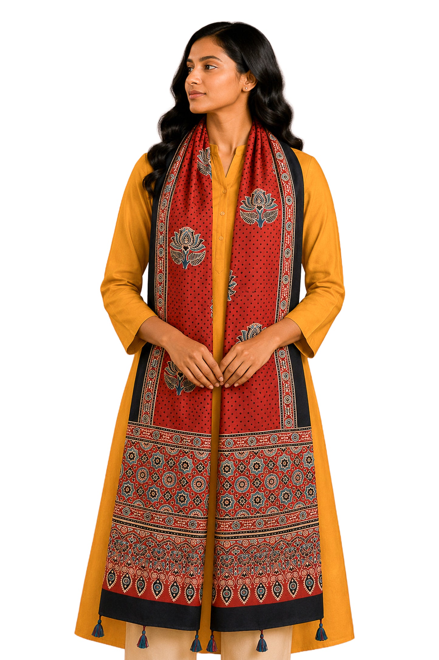 Ajrakh Modal Silk Natural Dye Hand Block Print Stole With Tassels - 2 Mtr Length    -  SKU : EK11A01J