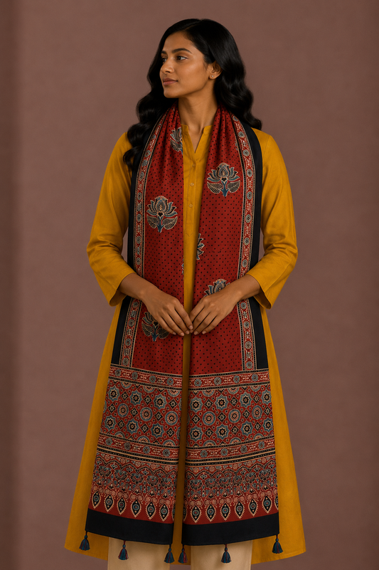 Ajrakh Modal Silk Natural Dye Hand Block Print Stole With Tassels - 2 Mtr Length    -  SKU : EK11A01J