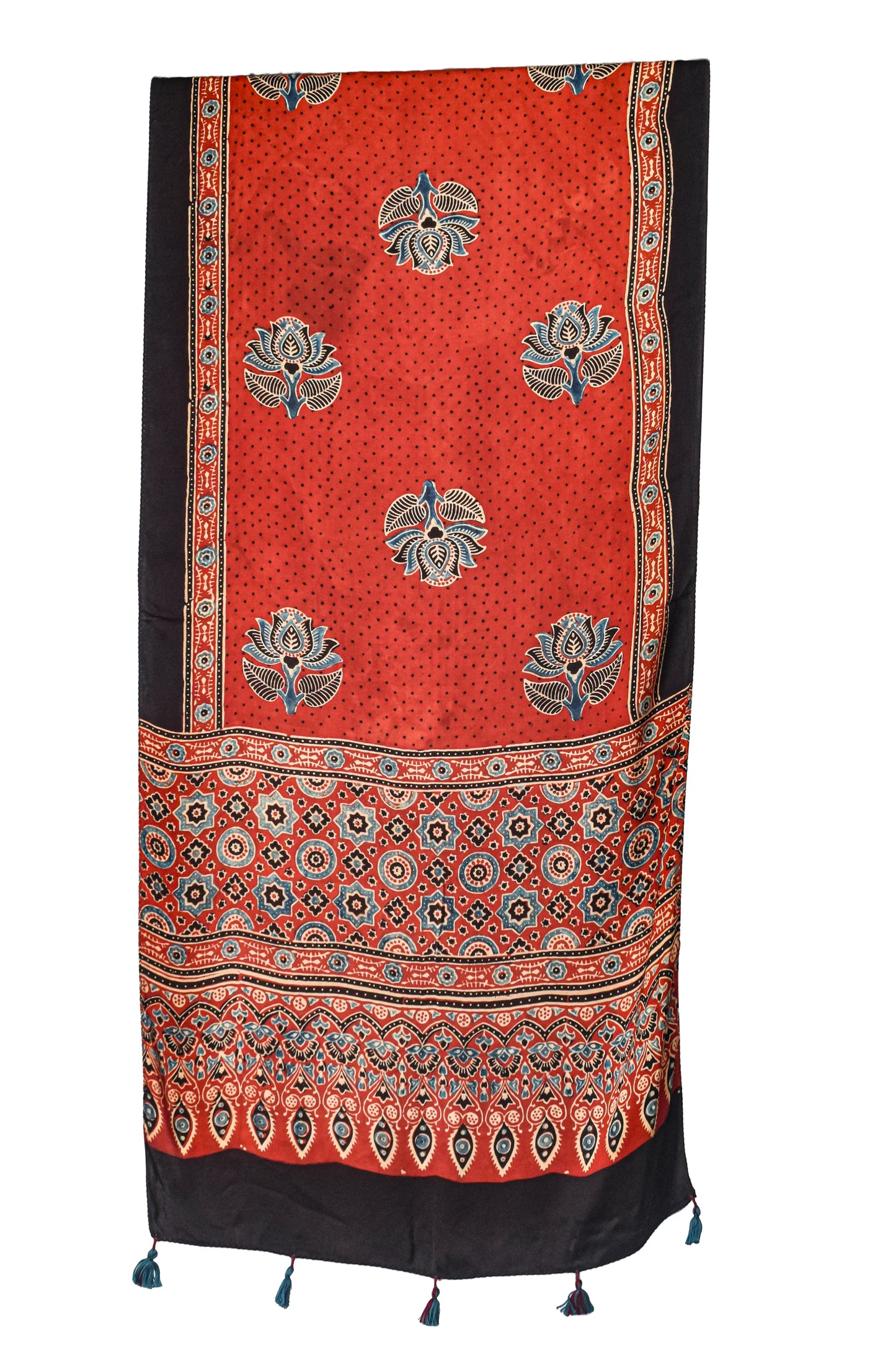 Ajrakh Modal Silk Natural Dye Hand Block Print Stole With Tassels - 2 Mtr Length    -  SKU : EK11A01J